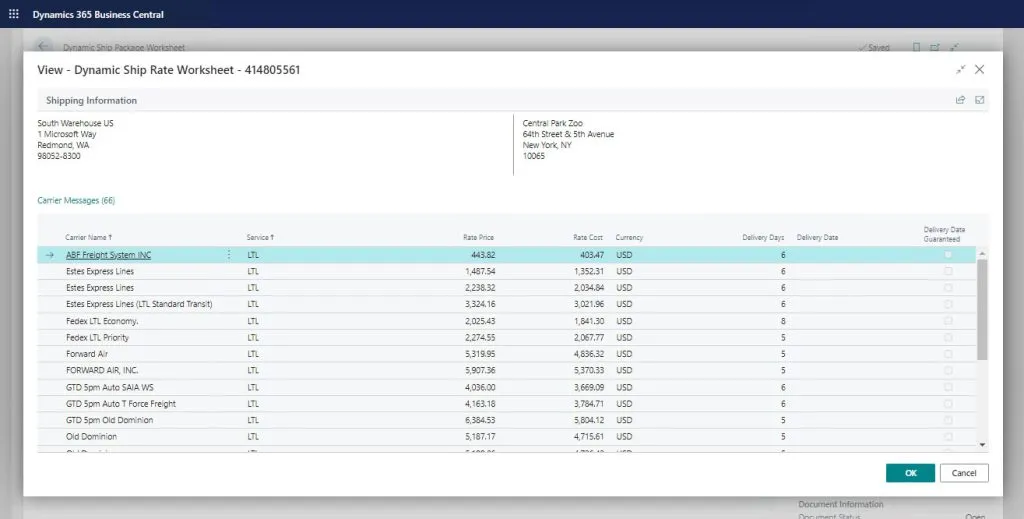 Business Central Shipping