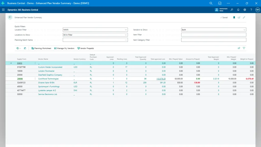 Vendor Planning Summary