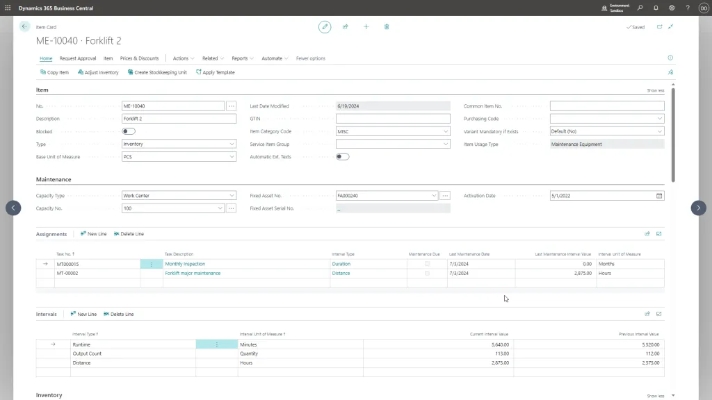 Maintenance Manager Item Card