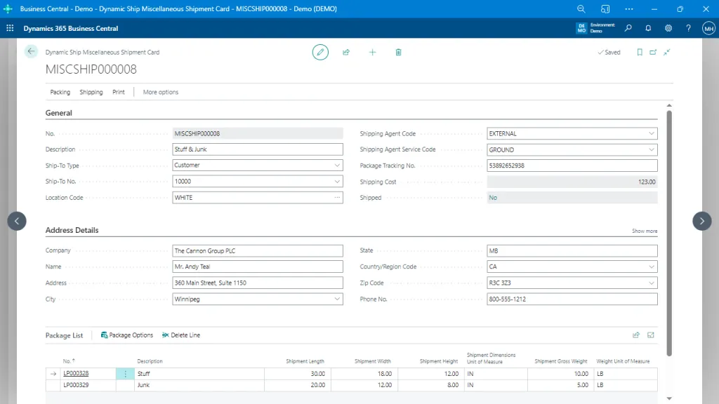 Miscellaneous Shipment Card