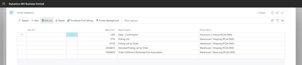 Business Central Printer Selections