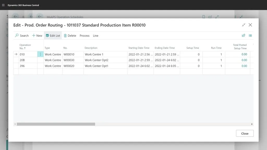 Production Order Routing screen