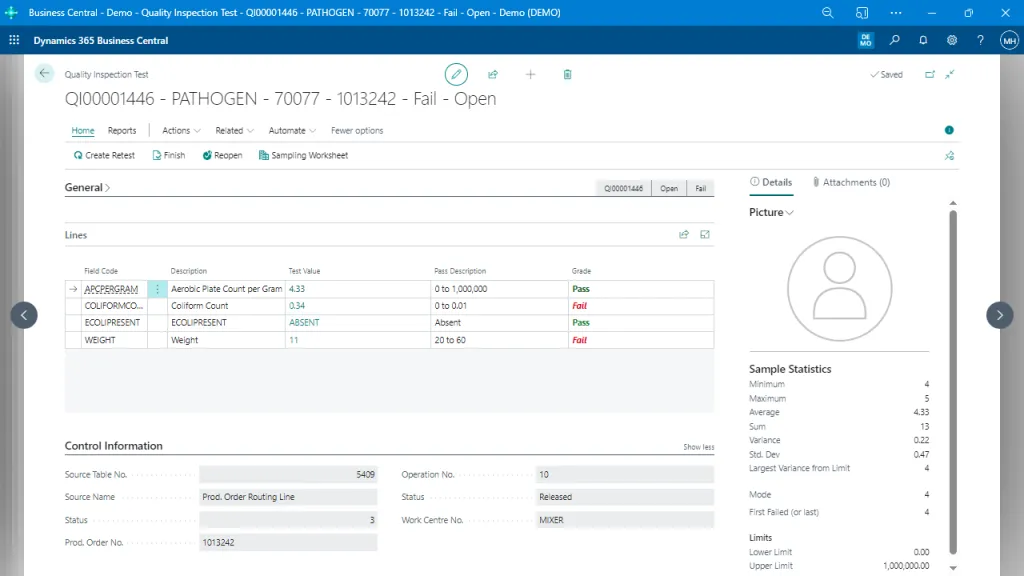 Quality Inspection Test Details