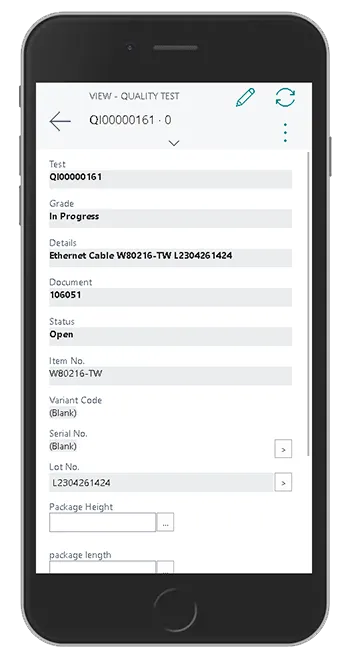 Conduct quality tests conveniently on your phone with the Quality Test on Phone feature in the Quality Inspector app by Insight Works, optimized for Business Central mobile clients.